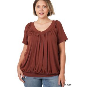 Zenana Dark Rust Plus V-Neck Short Sleeve Shirring Top- 1X- NWOT